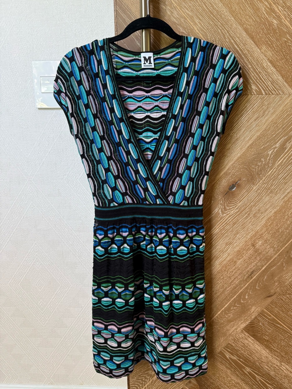 Missoni Black, Teal & Blue Geometric Knit Wrap Dress